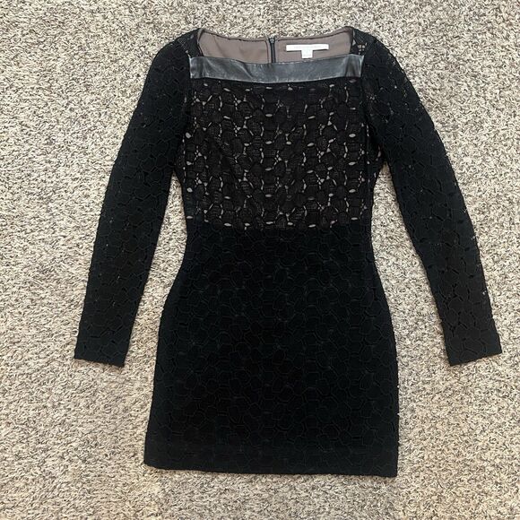 Diane Von Furstenberg Mini Dress Size 4 Black Sarita Pebble Lace Leather Trim - Picture 1 of 6